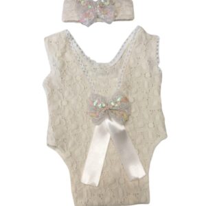 Újszülött csipke body és fejpánt fotózáshoz - Ecrü kis masnis (50/56 cm)
