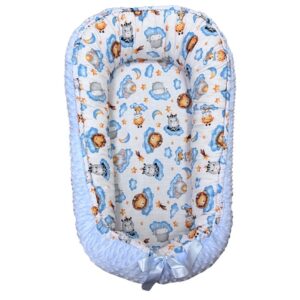 Kétoldalas pamut/minky babafészek kókuszbetéttel - Kék felhős állatok